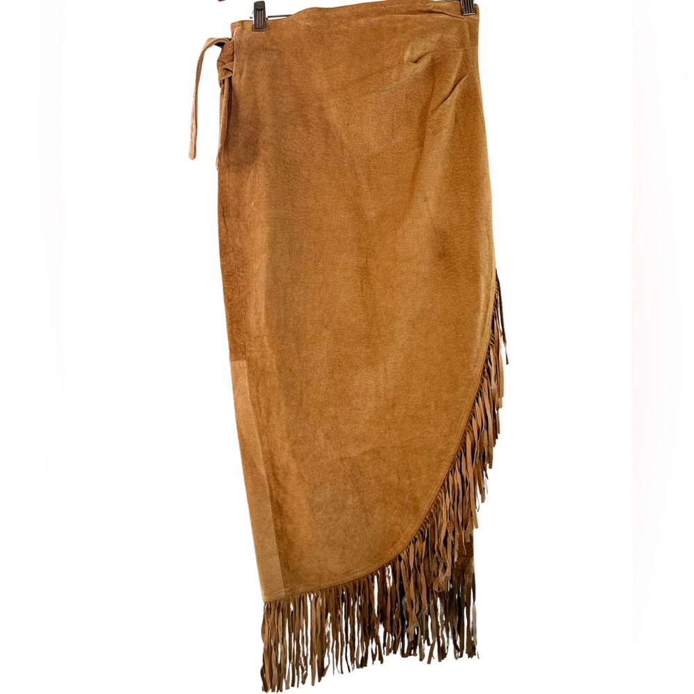 Vintage Suede Fringe Wrap Skirt Western Boho Asymmetrical Leather Spring West